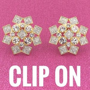 Large Rhinestone Gold Star Clip On Earrings